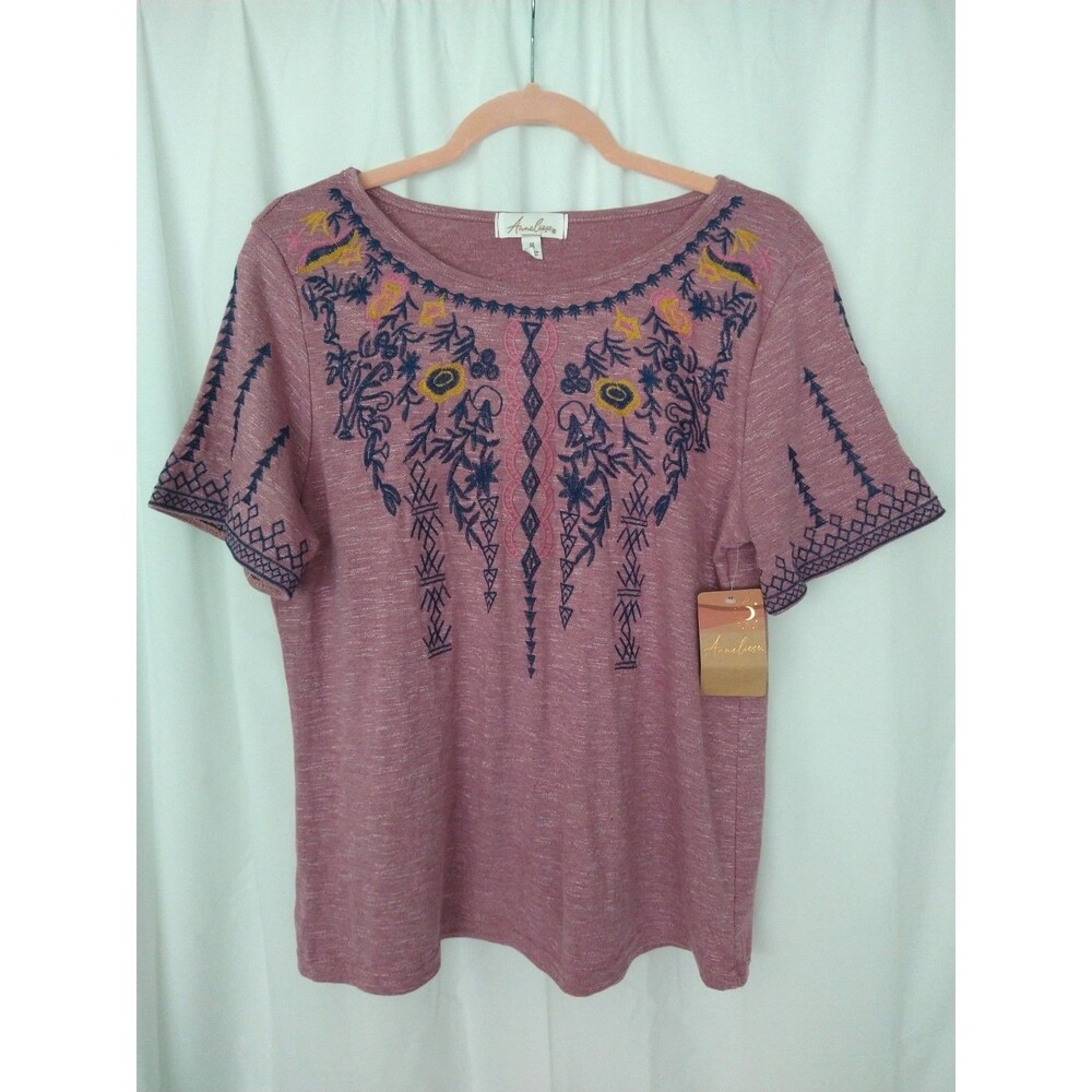 NWT Anneliese Top Womens Medium Pink Red Blue Embroidered Short Bell Sleeve boho